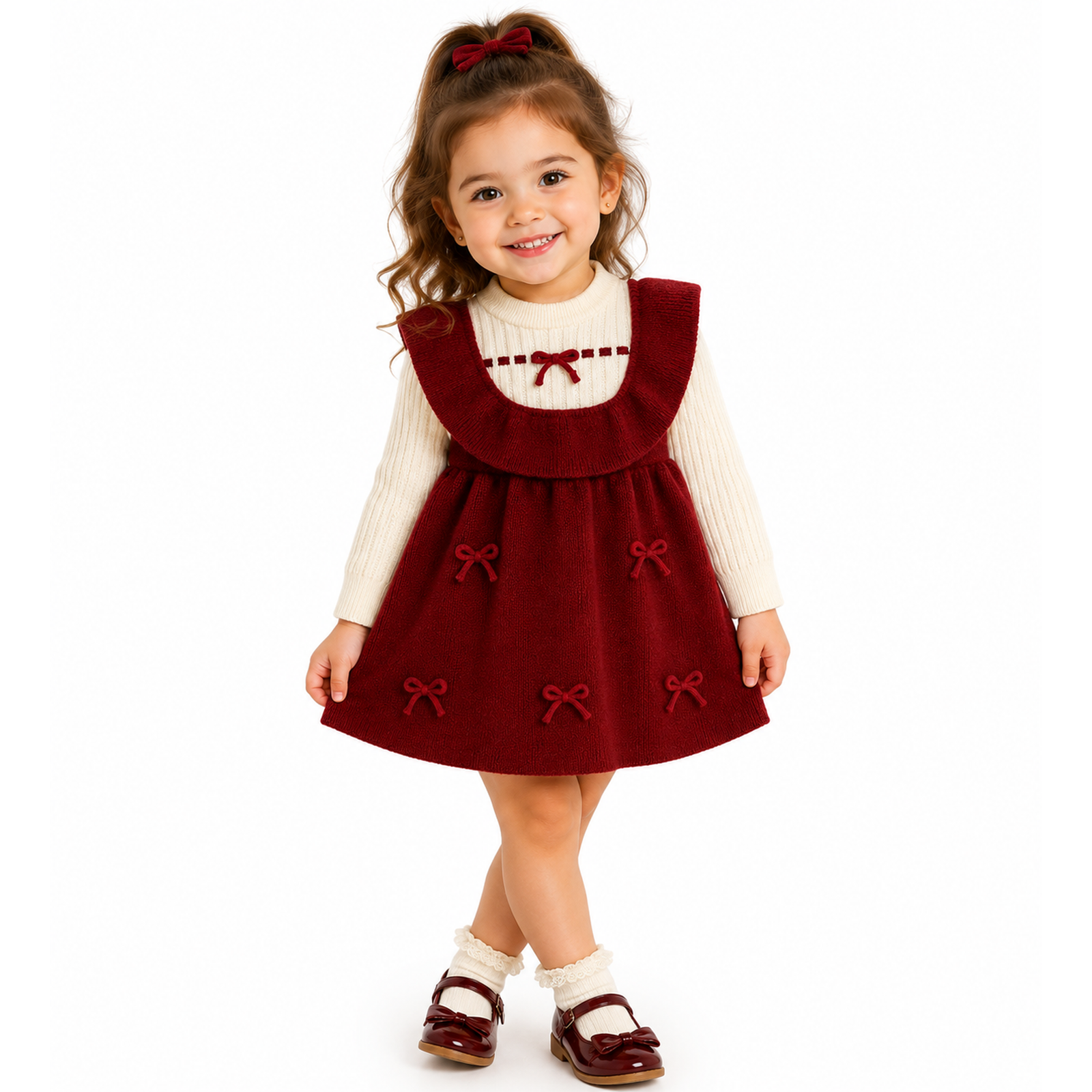 Girls’ Burgundy Pinafore Dress & Cream Knitted Top Set  2 Piece Bow Outfit