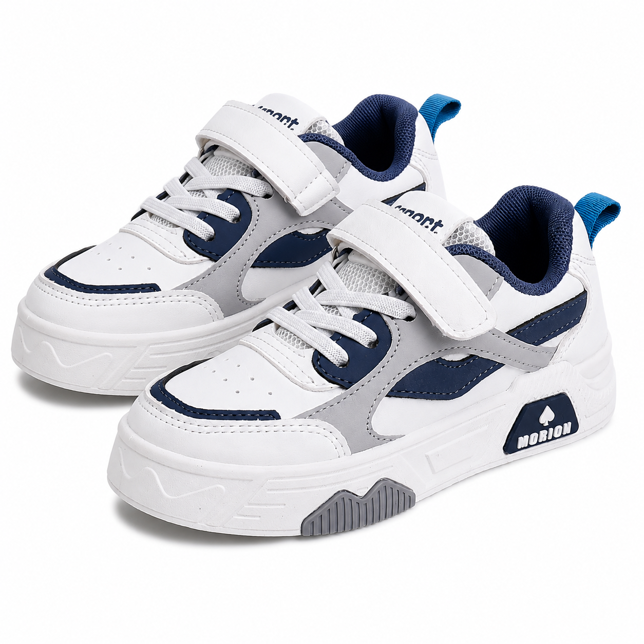 Kids White, Navy & Grey Chunky Trainers  Hook & Loop Casual Sneakers