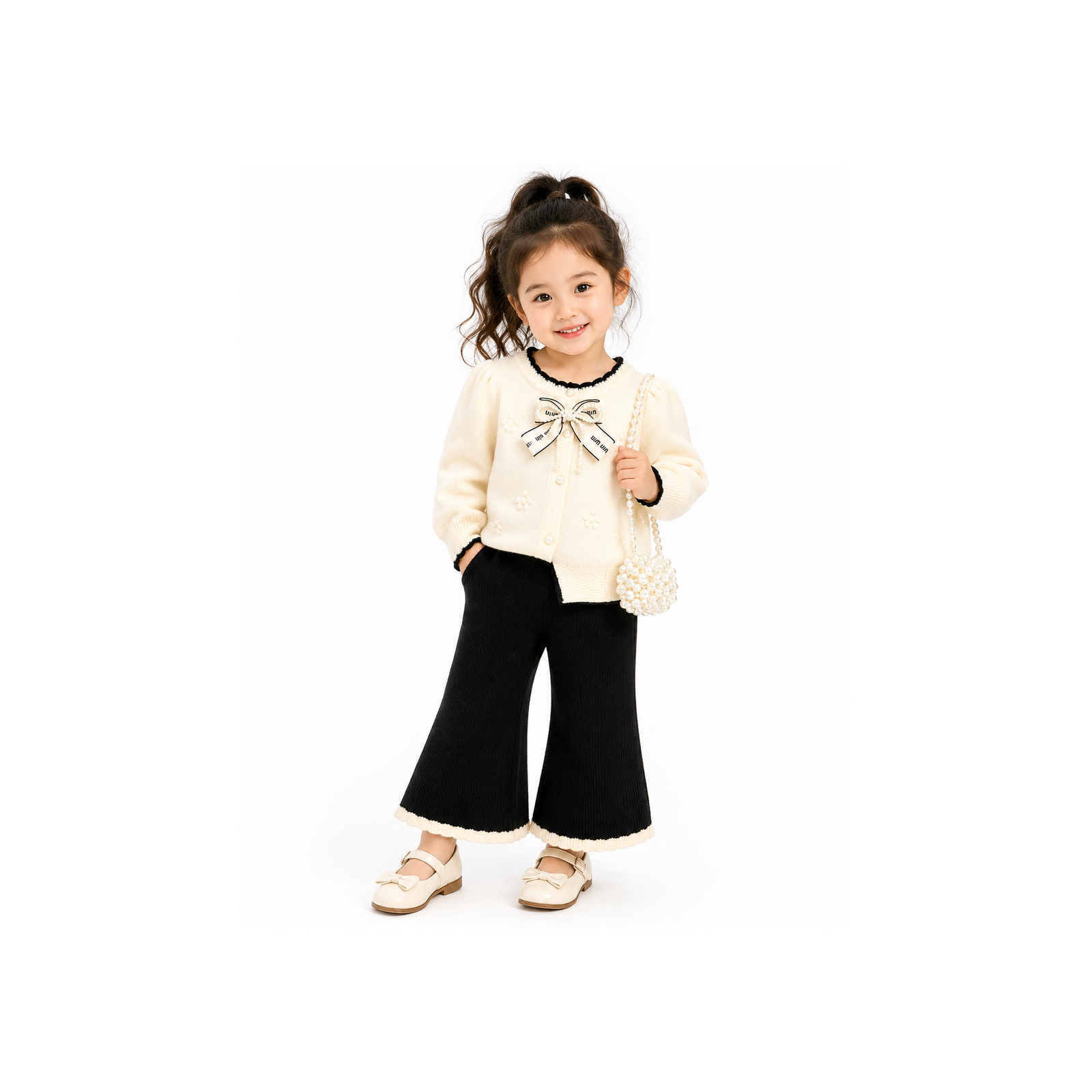 Girls’ Elegant Cream & Black Knitted Cardigan and Wide-Leg Trouser Set  2 Piece Outfit