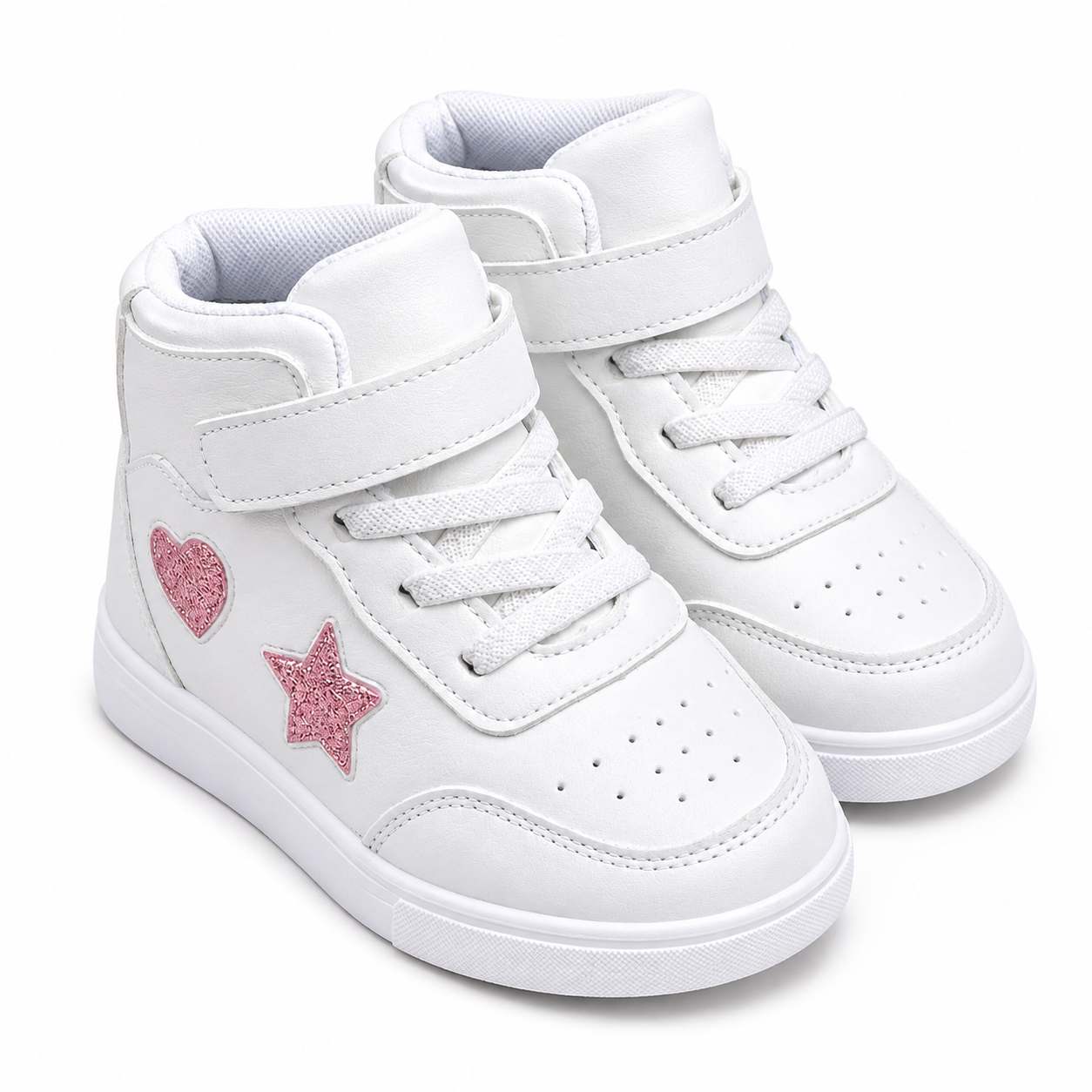 Girls White High-Top Trainers with Pink Glitter Heart & Star  Kids Ankle Sneakers