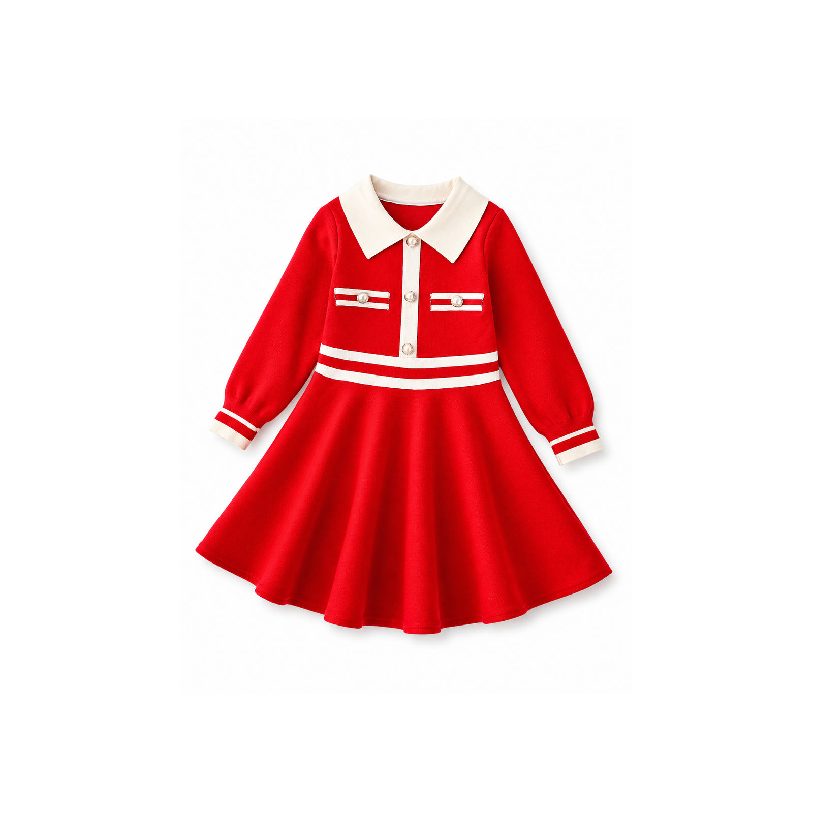 Girls’ Red & Cream Peter Pan Collar Long-Sleeve Skater Dress Smart Party Dress