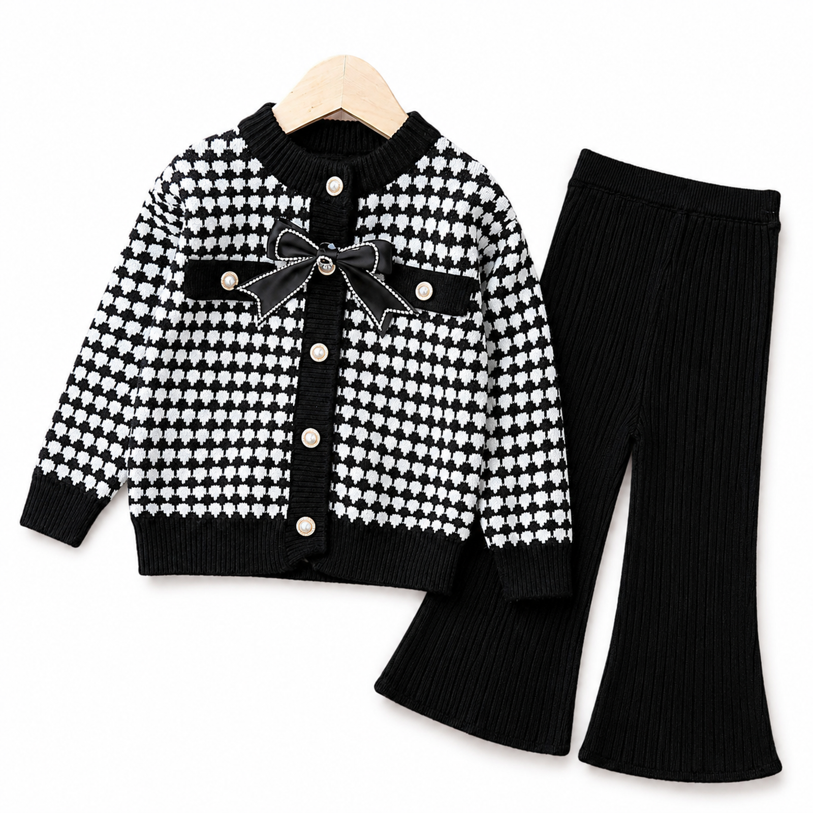 Girls’ Black & White Houndstooth Knitted Cardigan & Flared Trouser Set 2 Piece Outfit
