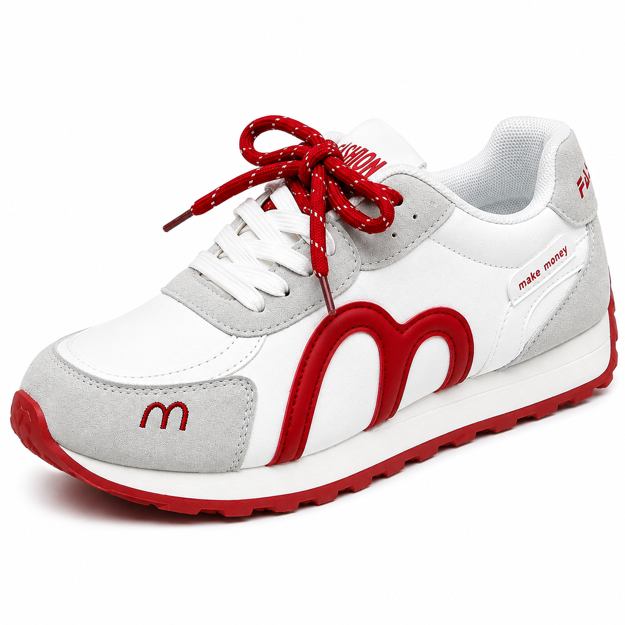 Women’s White, Grey & Red Retro Lace-Up Trainers Casual Fashion Sneakers