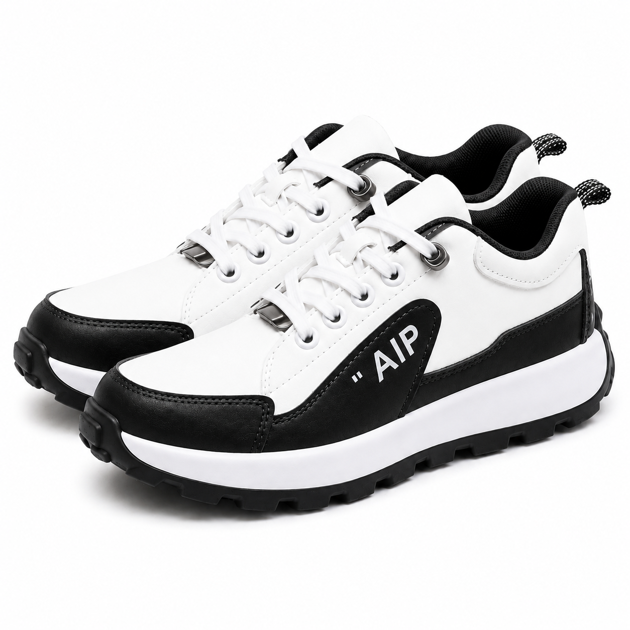 Unisex White & Black Toggle-Lace Chunky Trainers  Casual Everyday Sneakers