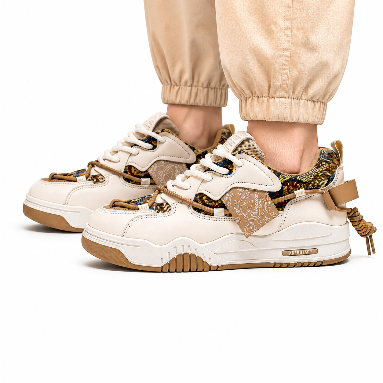 Unisex Beige Patchwork Chunky Trainers – Retro Streetwear Lace-Up Sneakers