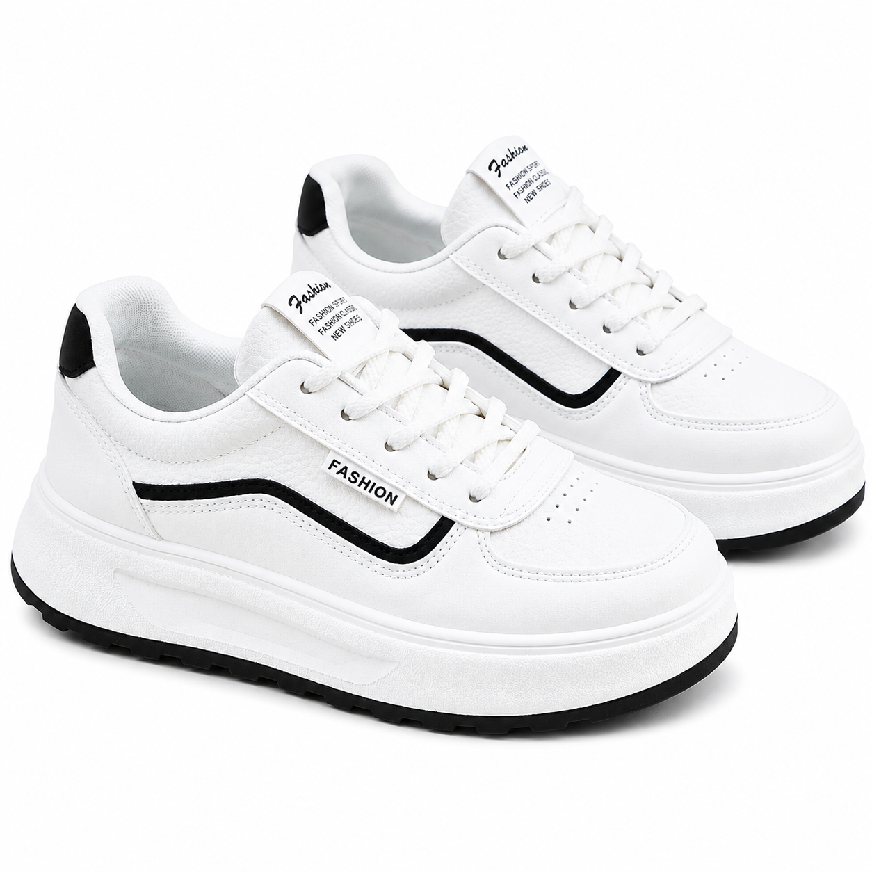 White & Dark Blue Chunky Platform Trainers  Lace-Up Casual Fashion Sneakers