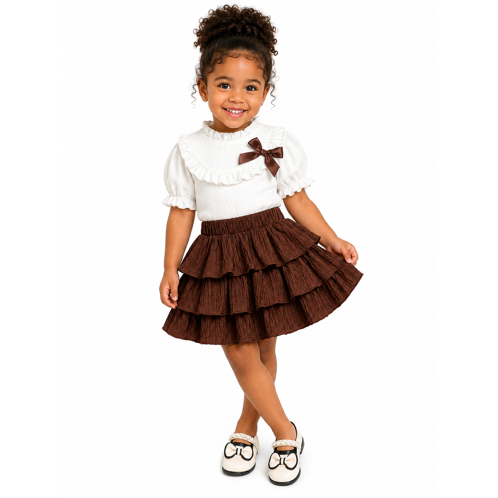 Girls’ Cream Ruffle Top & Chocolate Brown Tiered Skirt Set  2 Piece Bow Outfit
