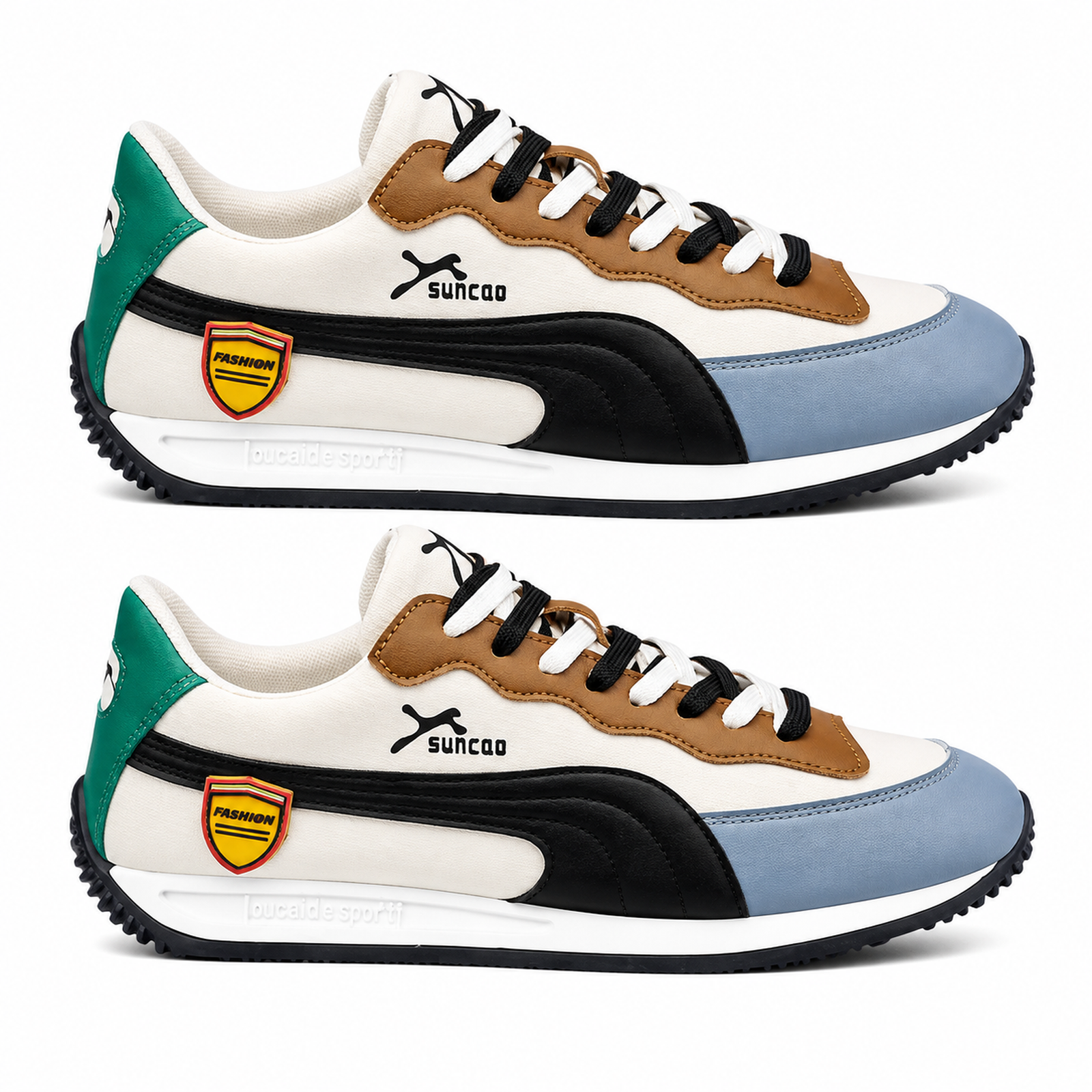 Men’s Retro Colour-Block Lace-Up Trainers  Cream, Blue, Brown & Green Casual Sneakers