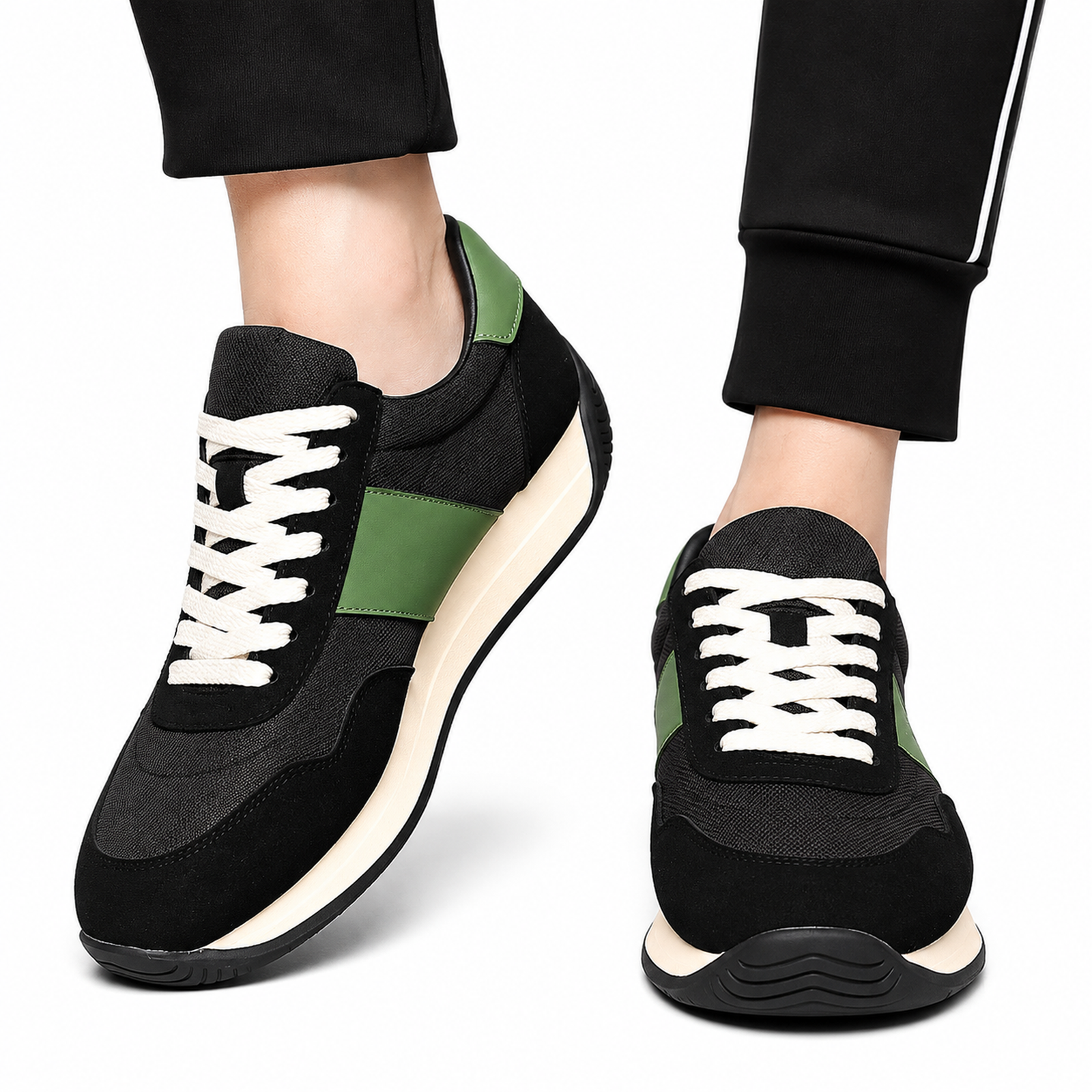 Men’s Black & Green Retro Lace-Up Trainers Casual Fashion Sneakers
