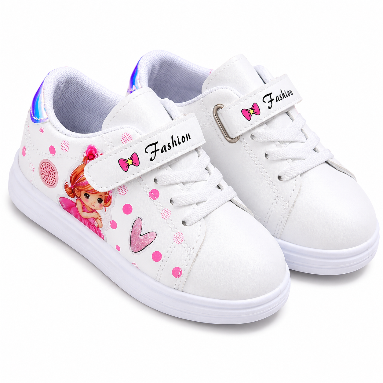 Girls White Princess Trainers with Pink Heart & Bow Design Strap & Lace Kids