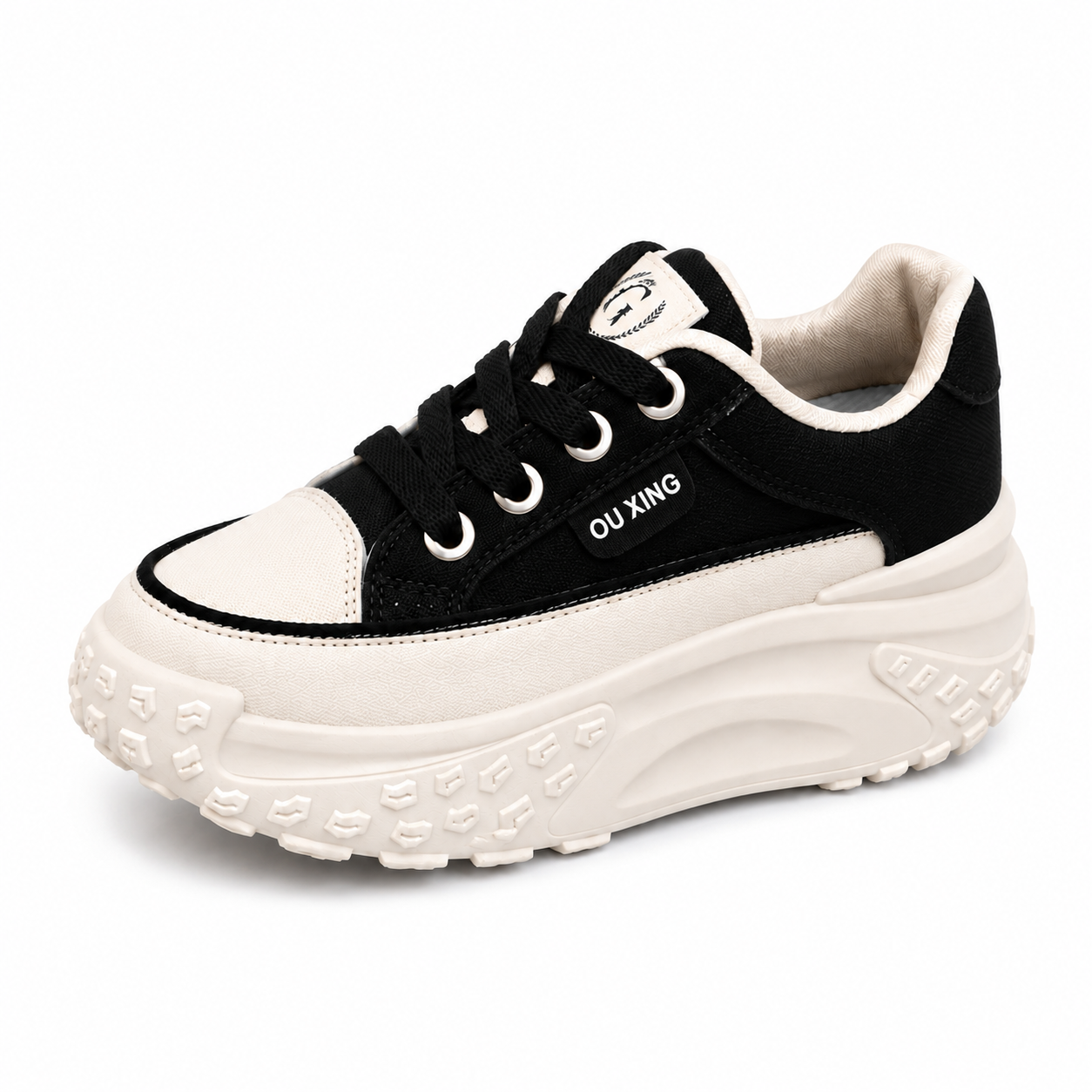 Women’s Black & Cream Chunky Platform Trainers  Lace-Up Fashion Sneakers