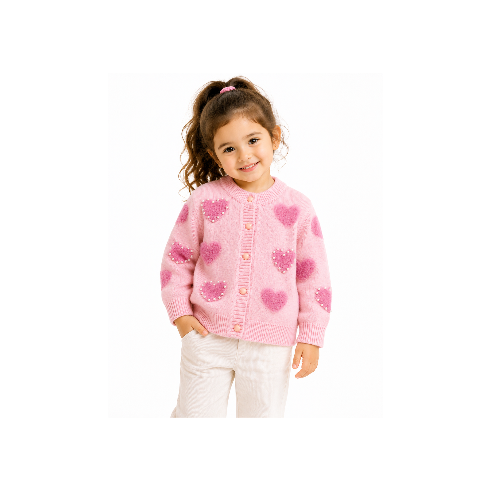 Girls Pink Heart Pearl Knitted Cardigan Cute Button-Up Kids Sweater