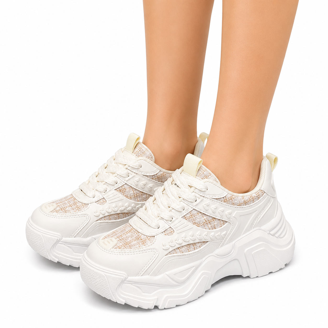 Women’s White Glitter Chunky Trainers  Platform Lace-Up Fashion Sneakers