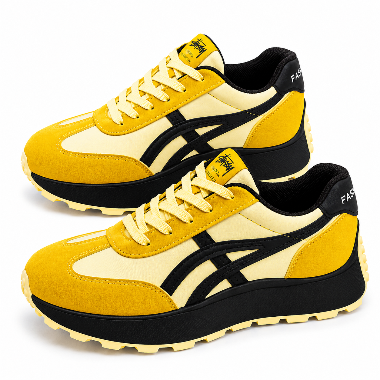 Retro Yellow & Brown Lace-Up Trainers  Chunky Gum Sole Fashion Sneakers