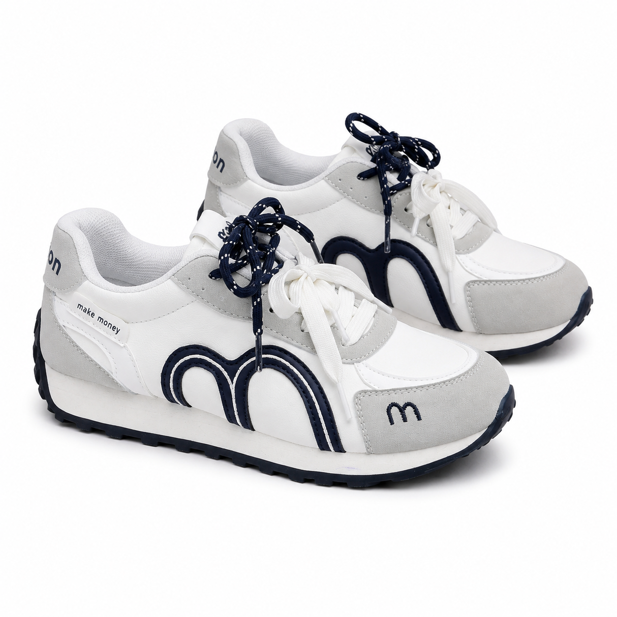 Women’s White, Grey & Navy Retro Lace-Up Trainers Casual Fashion Sneakers