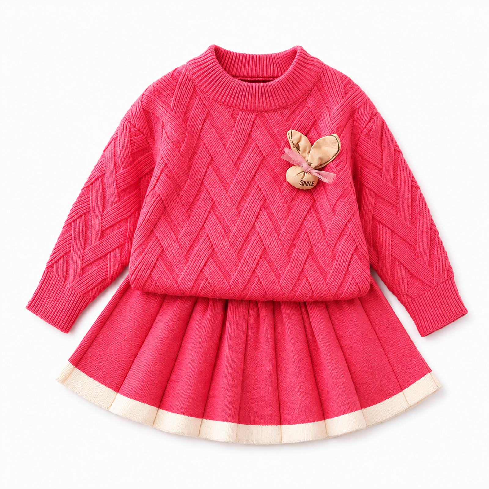 Girls’ Pink Knitted Jumper & Flared Skirt Set  2 Piece Butterfly Outfit