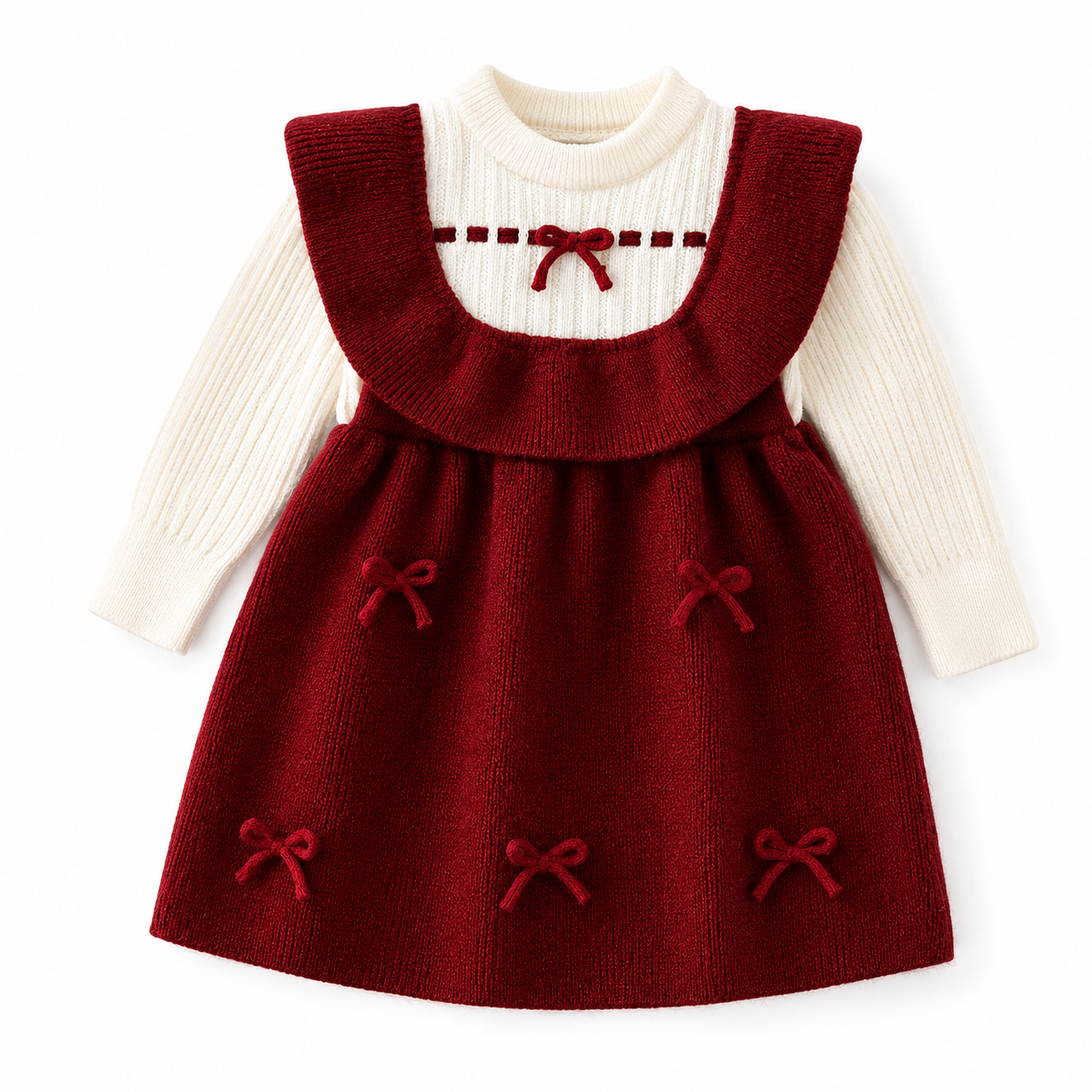 Girls’ Burgundy Pinafore Dress & Cream Knitted Top Set  2 Piece Bow Outfit