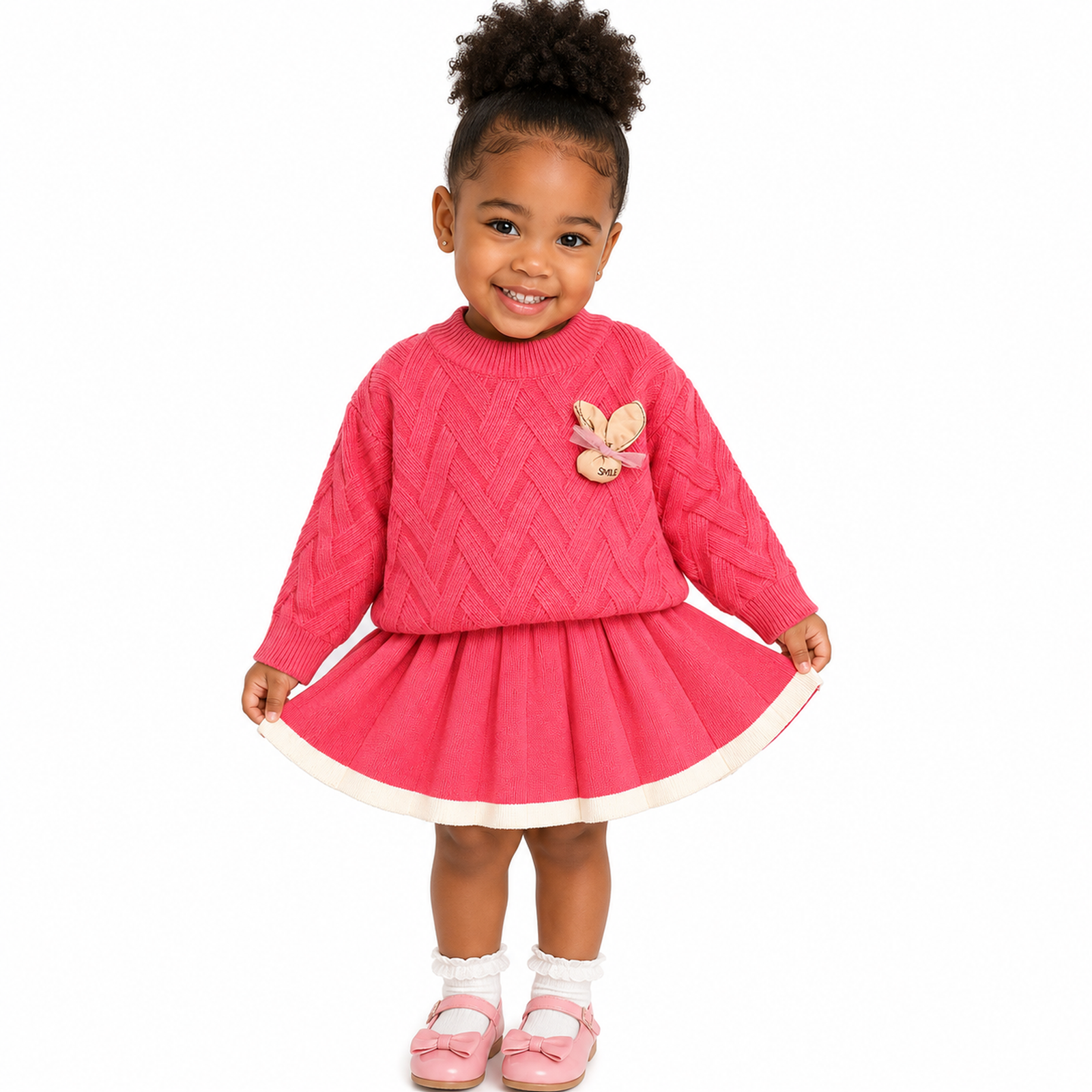 Girls’ Pink Knitted Jumper & Flared Skirt Set  2 Piece Butterfly Outfit