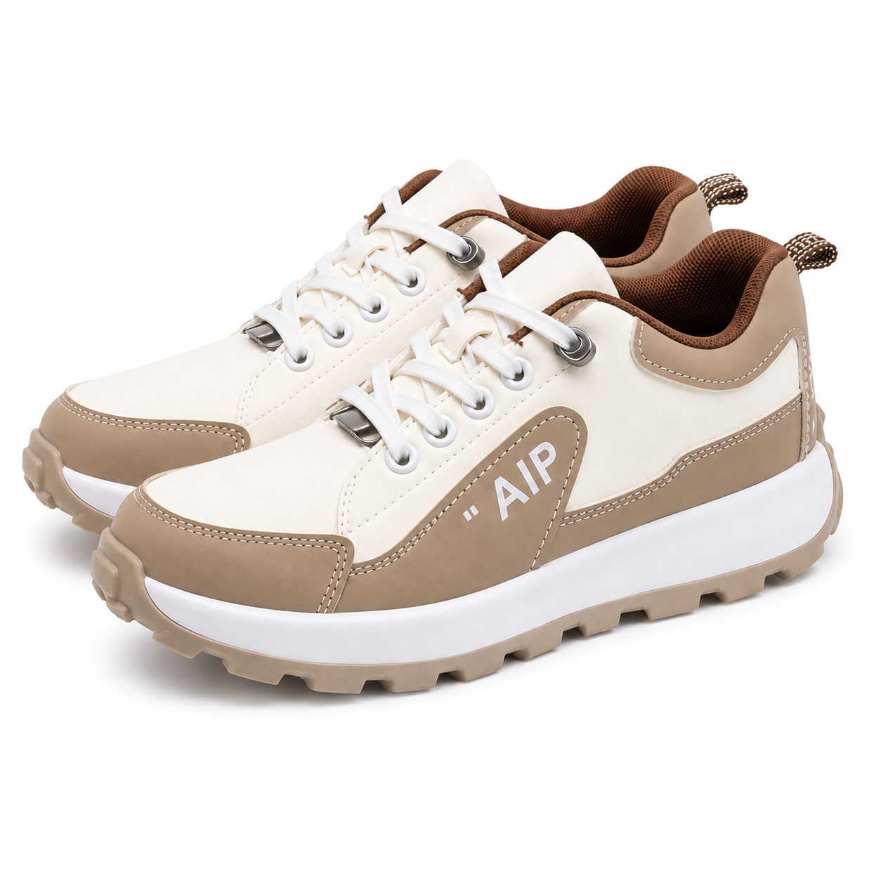 Unisex Cream & Taupe Chunky Trainers  Casual Lace-Up Platform Sneakers