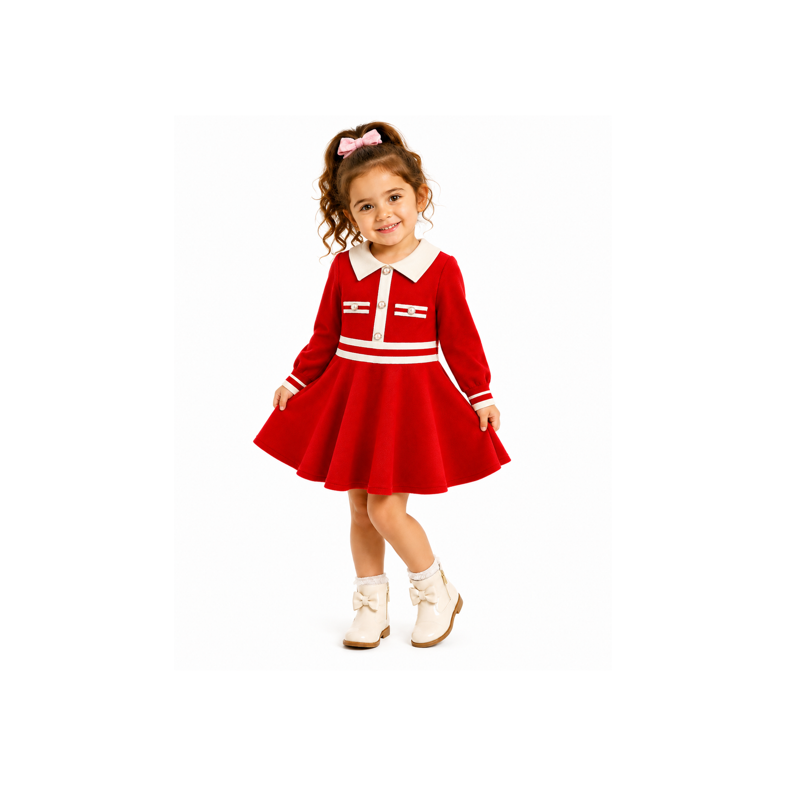 Girls’ Red & Cream Peter Pan Collar Long-Sleeve Skater Dress Smart Party Dress