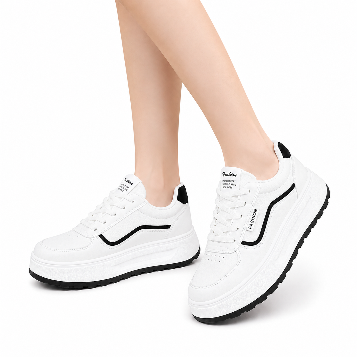 White & Dark Blue Chunky Platform Trainers  Lace-Up Casual Fashion Sneakers