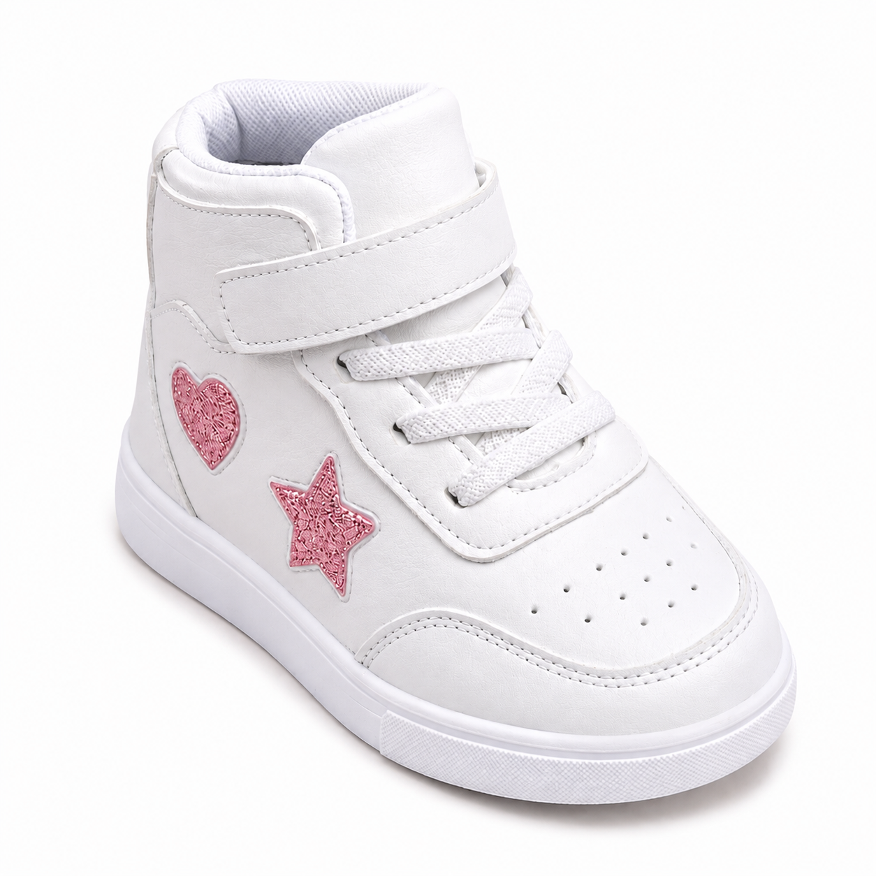 Girls White High-Top Trainers with Pink Glitter Heart & Star  Kids Ankle Sneakers