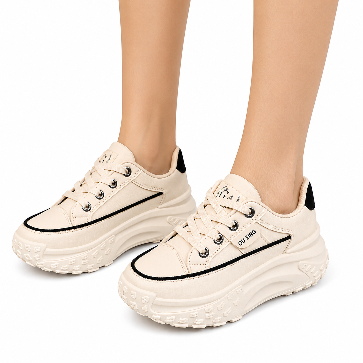 Women’s Beige Chunky Platform Trainers Lace-Up Casual Fashion Sneakers