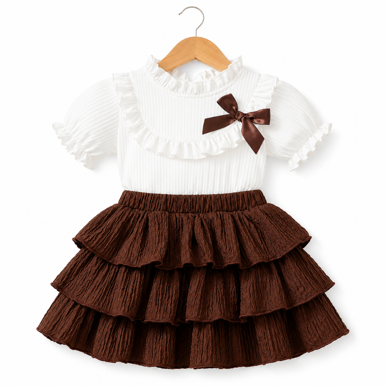 Girls’ Cream Ruffle Top & Chocolate Brown Tiered Skirt Set  2 Piece Bow Outfit