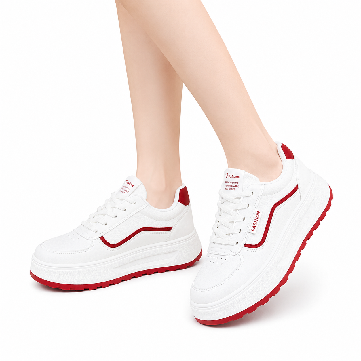 White & Red Chunky Platform Trainers – Lace-Up Casual Fashion Sneakers