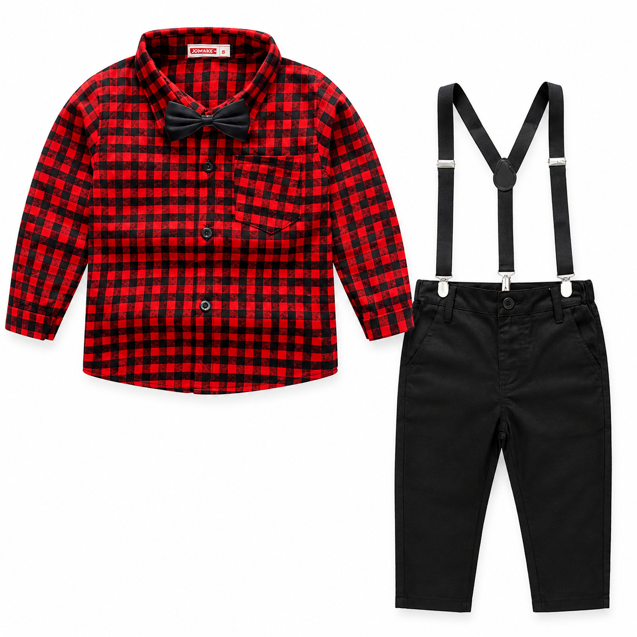 Boys Red & Black Check Shirt, Trousers, Bow Tie & Suspenders Smart Outfit Set