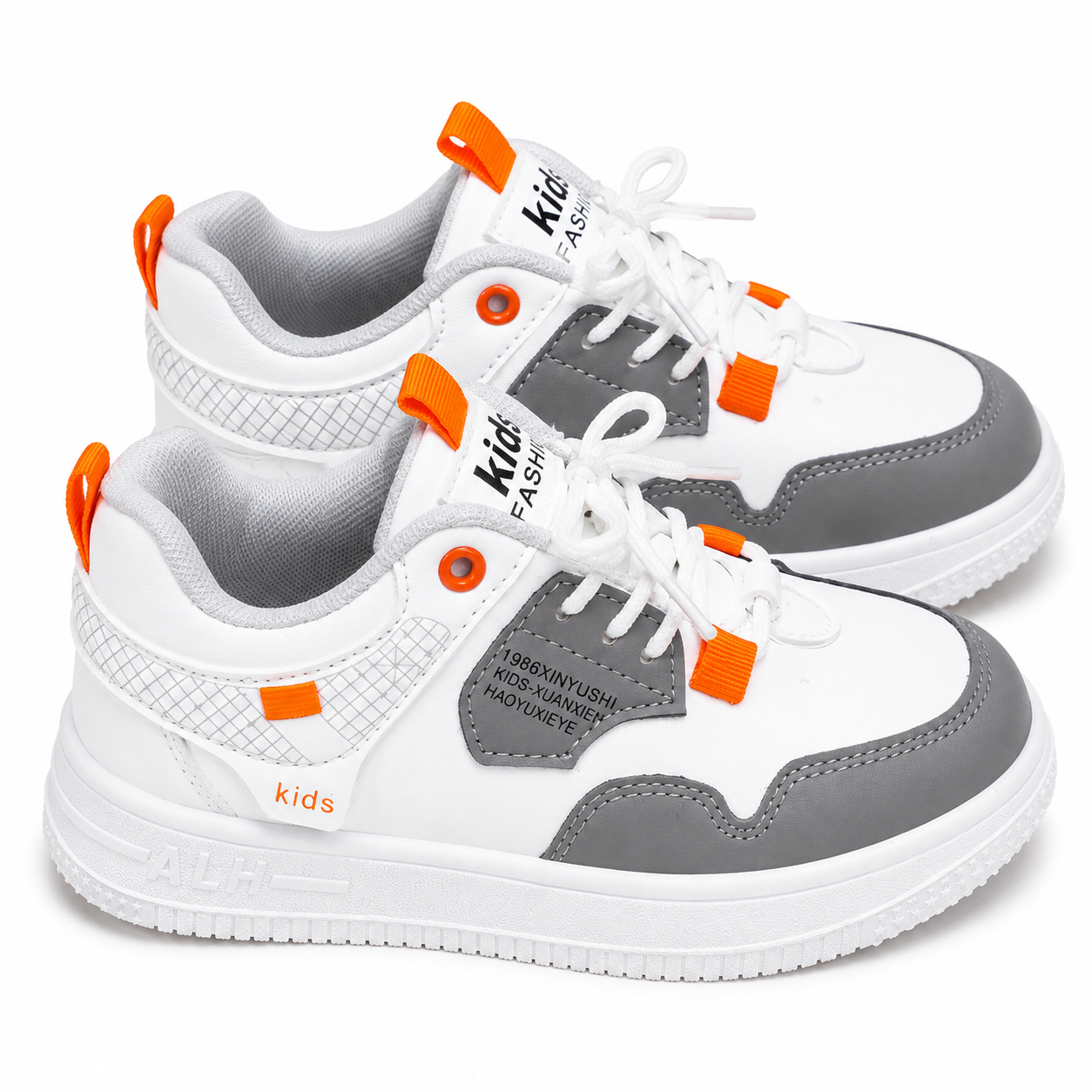 Kids White, Grey & Orange Chunky Trainers  Casual Lace-Up Sneakers