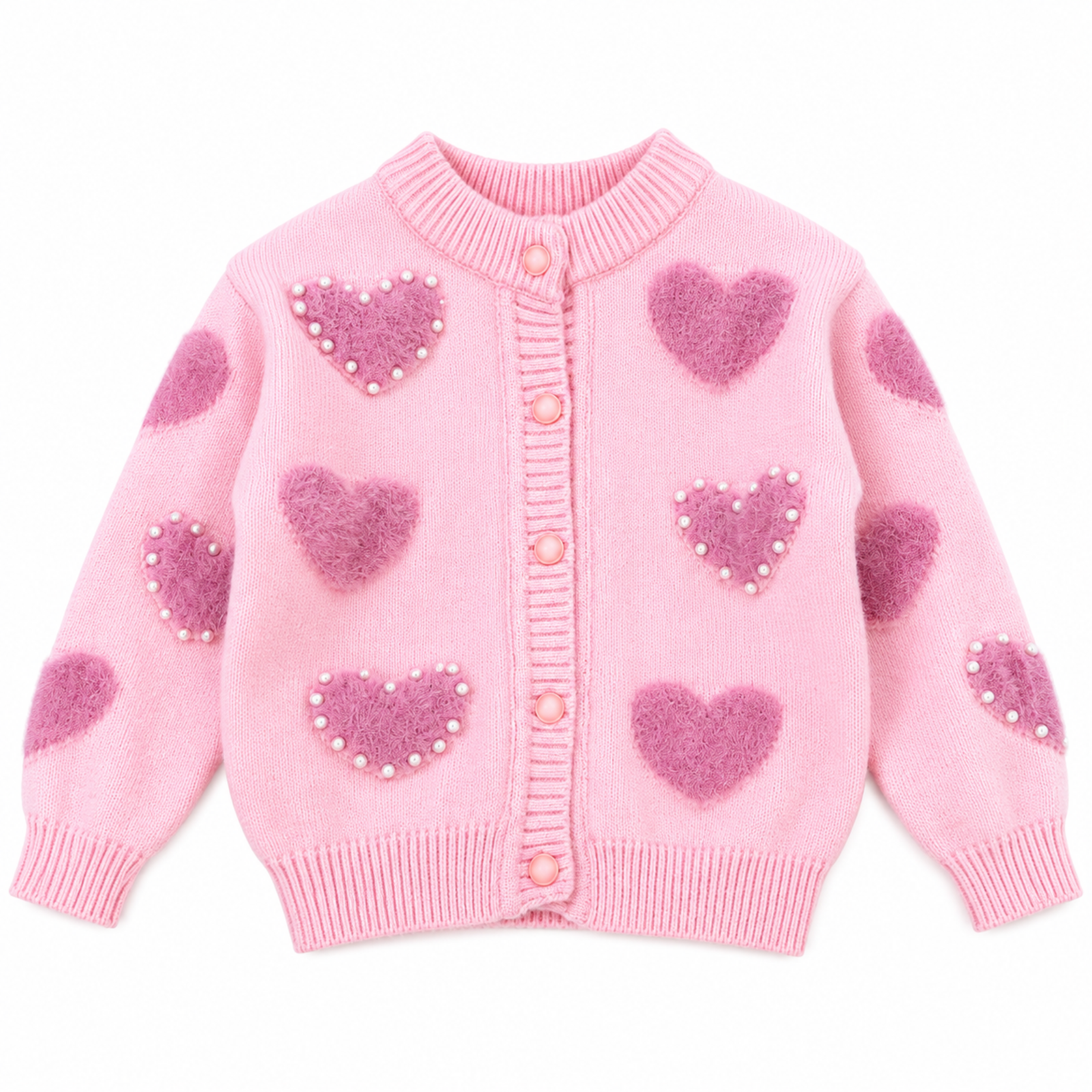 Girls Pink Heart Pearl Knitted Cardigan Cute Button-Up Kids Sweater