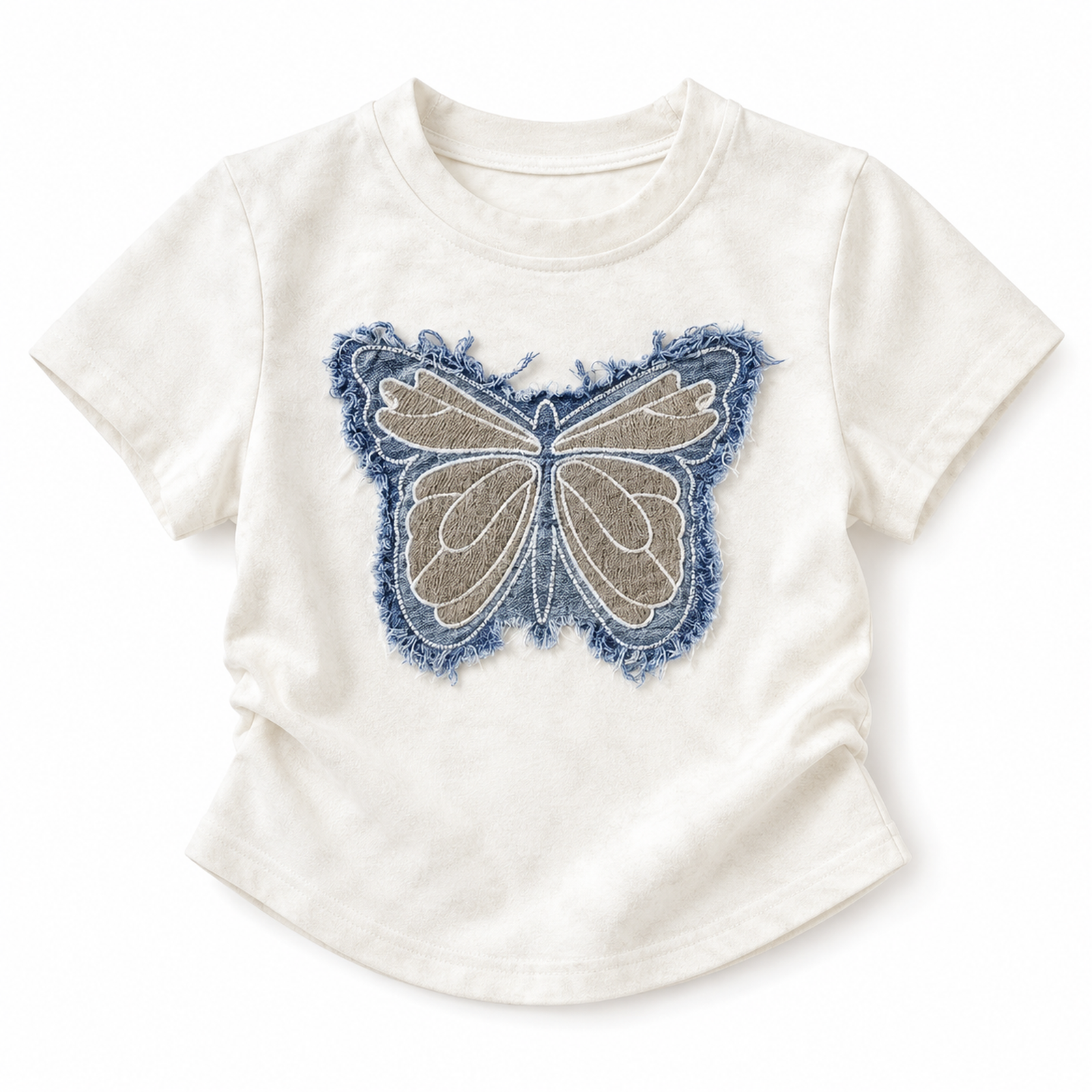 Girls Cream Butterfly Appliqué T-Shirt Denim Embroidered Short Sleeve Top