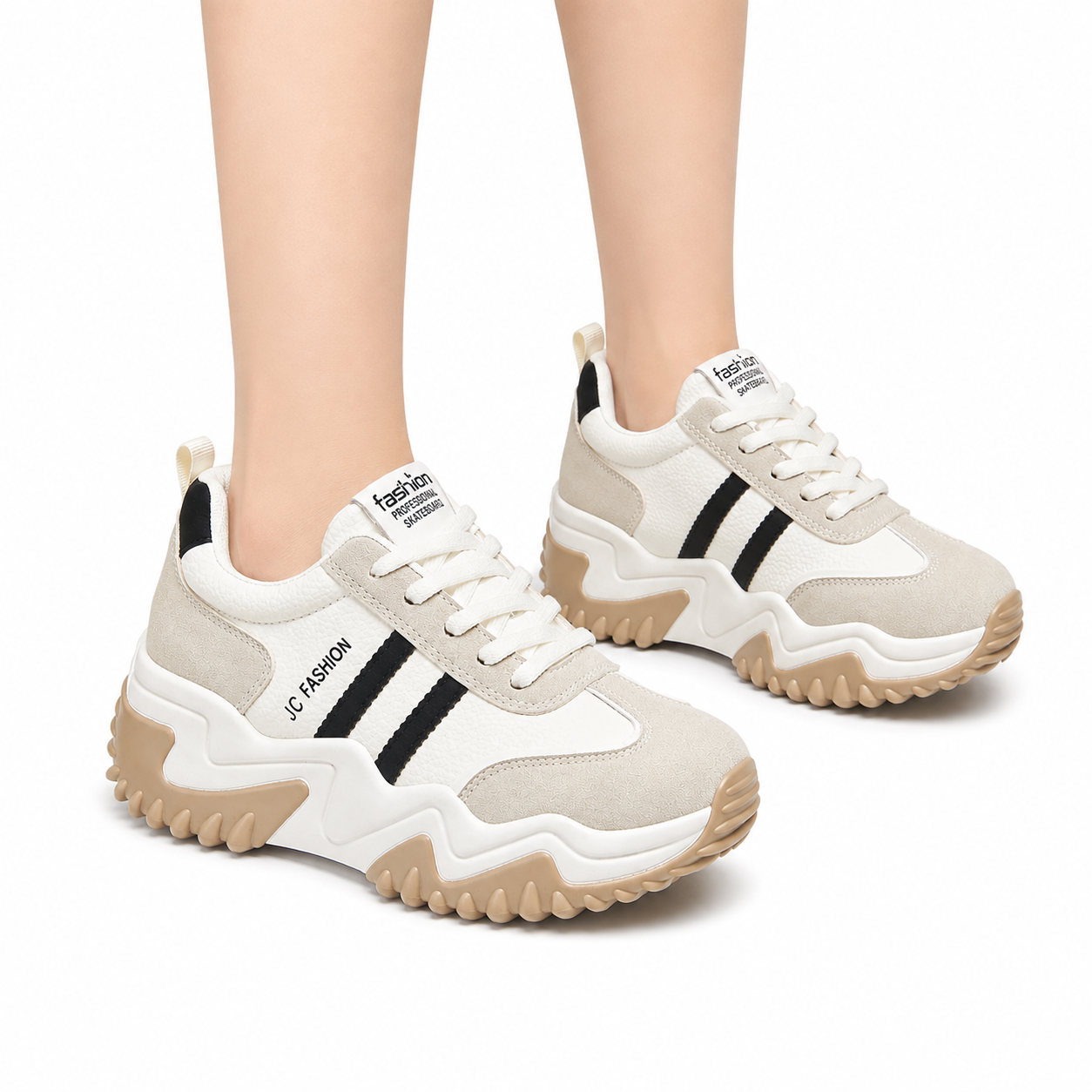 Cream & Black Chunky Platform Trainers – Retro Casual Sneakers