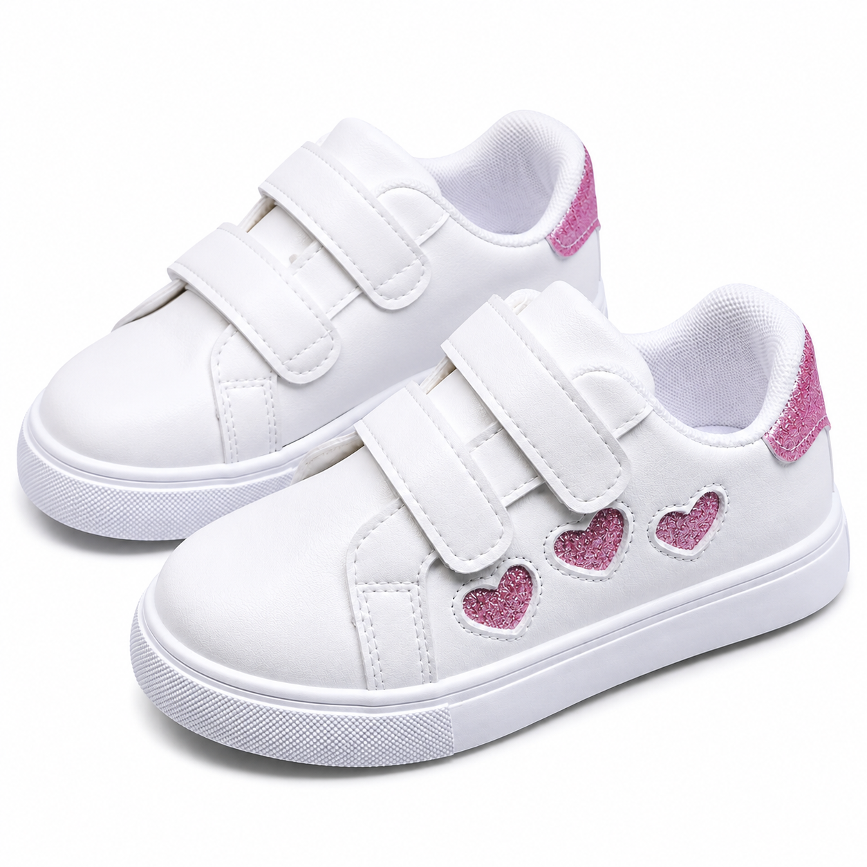Girls White Trainers with Pink Glitter Hearts  Triple Strap Casual Shoes