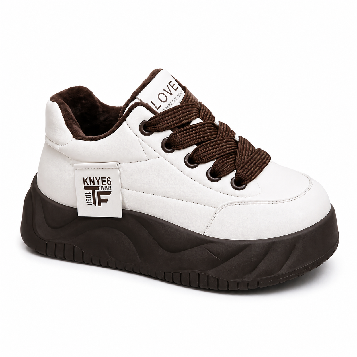 Women’s White & Chocolate Brown Chunky Platform Trainers  Lace-Up Fashion Sneakers