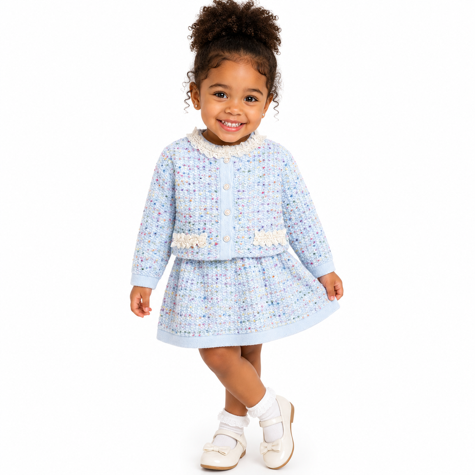 Girls’ Cream Ruffle Top & Chocolate Brown Tiered Skirt Set 2 Piece Bow Outfit