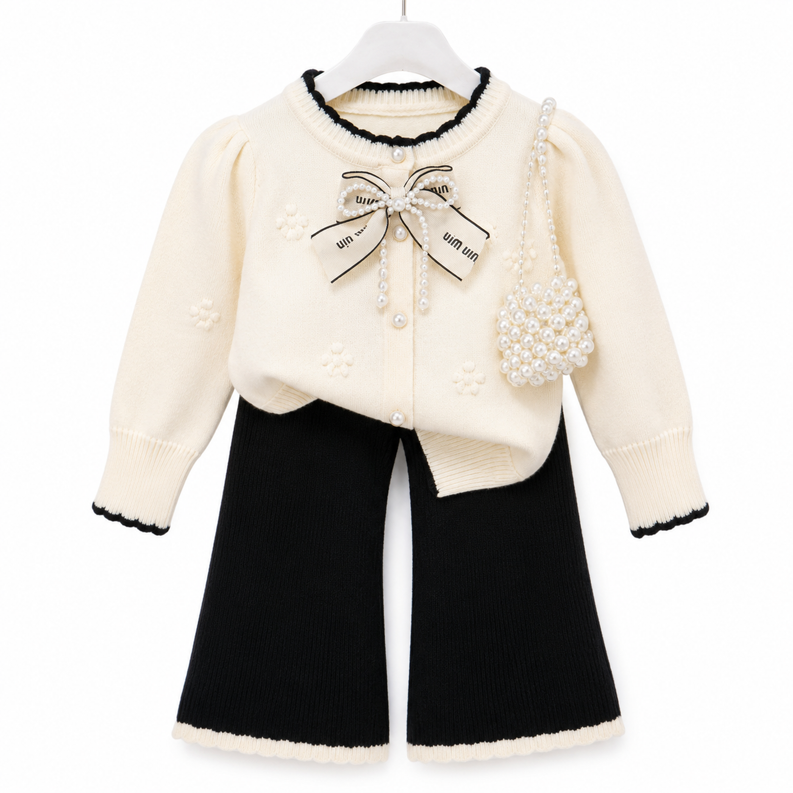 Girls’ Elegant Cream & Black Knitted Cardigan and Wide-Leg Trouser Set  2 Piece Outfit