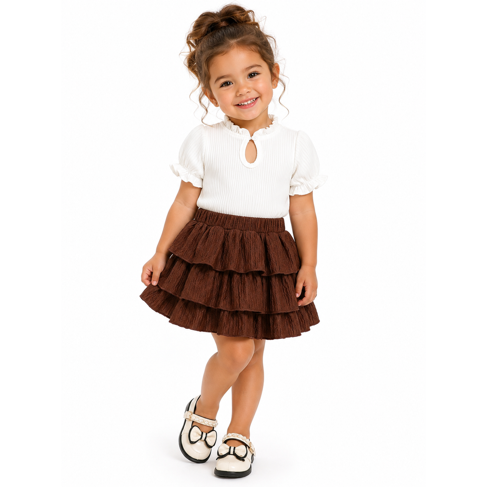 Girls’ Cream Ribbed Top & Brown Tiered Ruffle Skirt Set  2 Piece Outfit