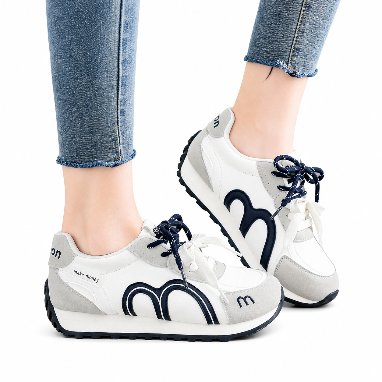 Women’s White, Grey & Navy Retro Lace-Up Trainers Casual Fashion Sneakers