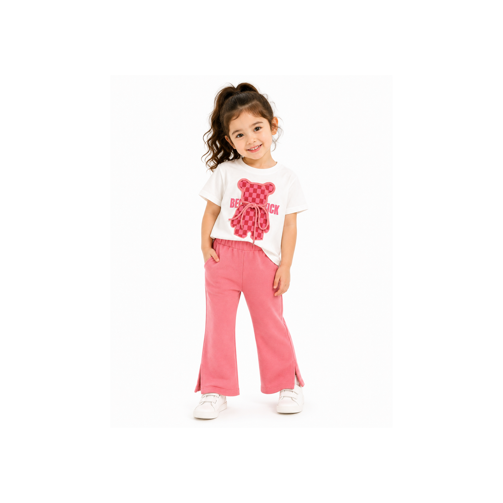 Girls Pink Bear T-Shirt & Flared Trousers 2-Piece Outfit Set