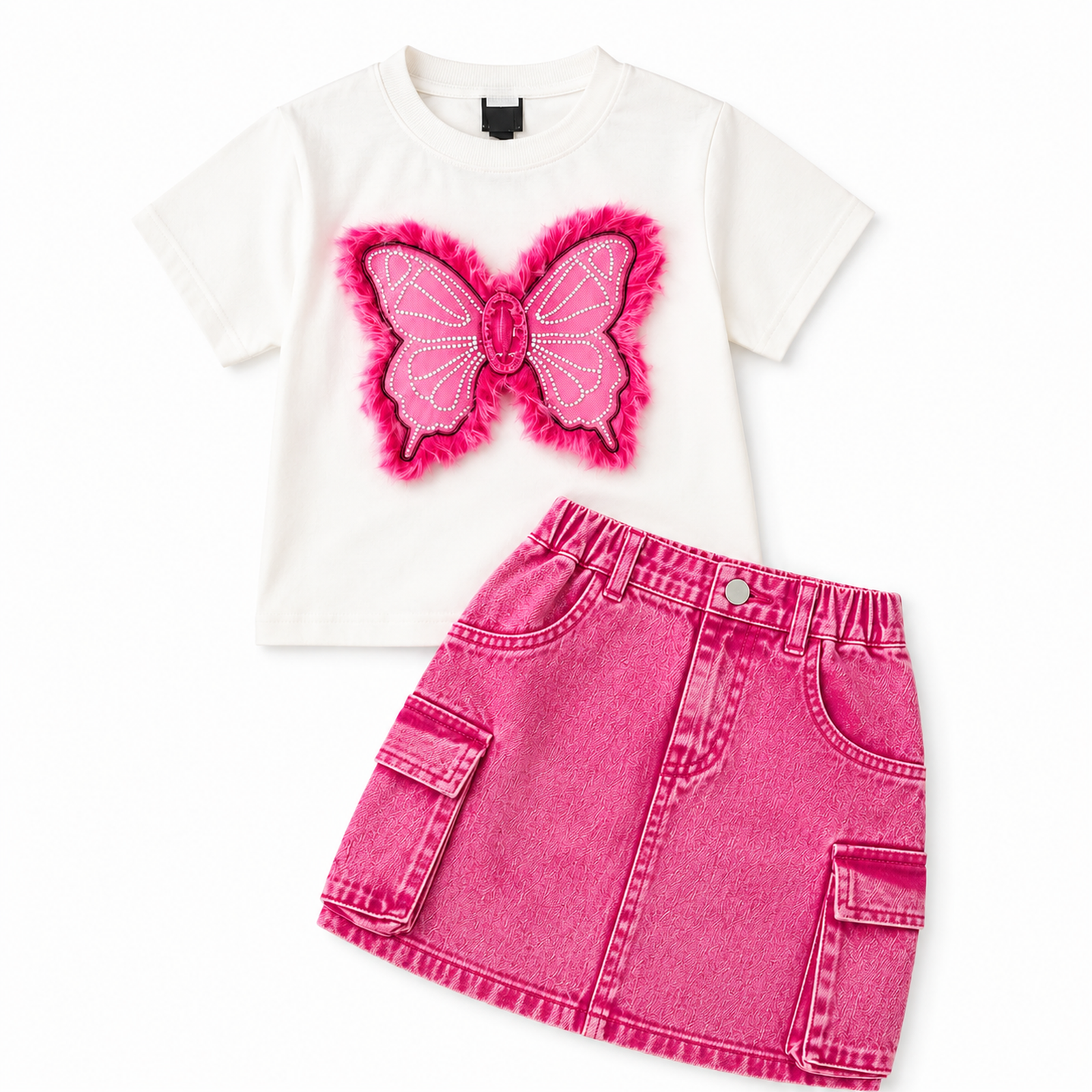 Girls’ White Butterfly T-Shirt & Pink Cargo Denim Skirt Set  2 Piece Outfit