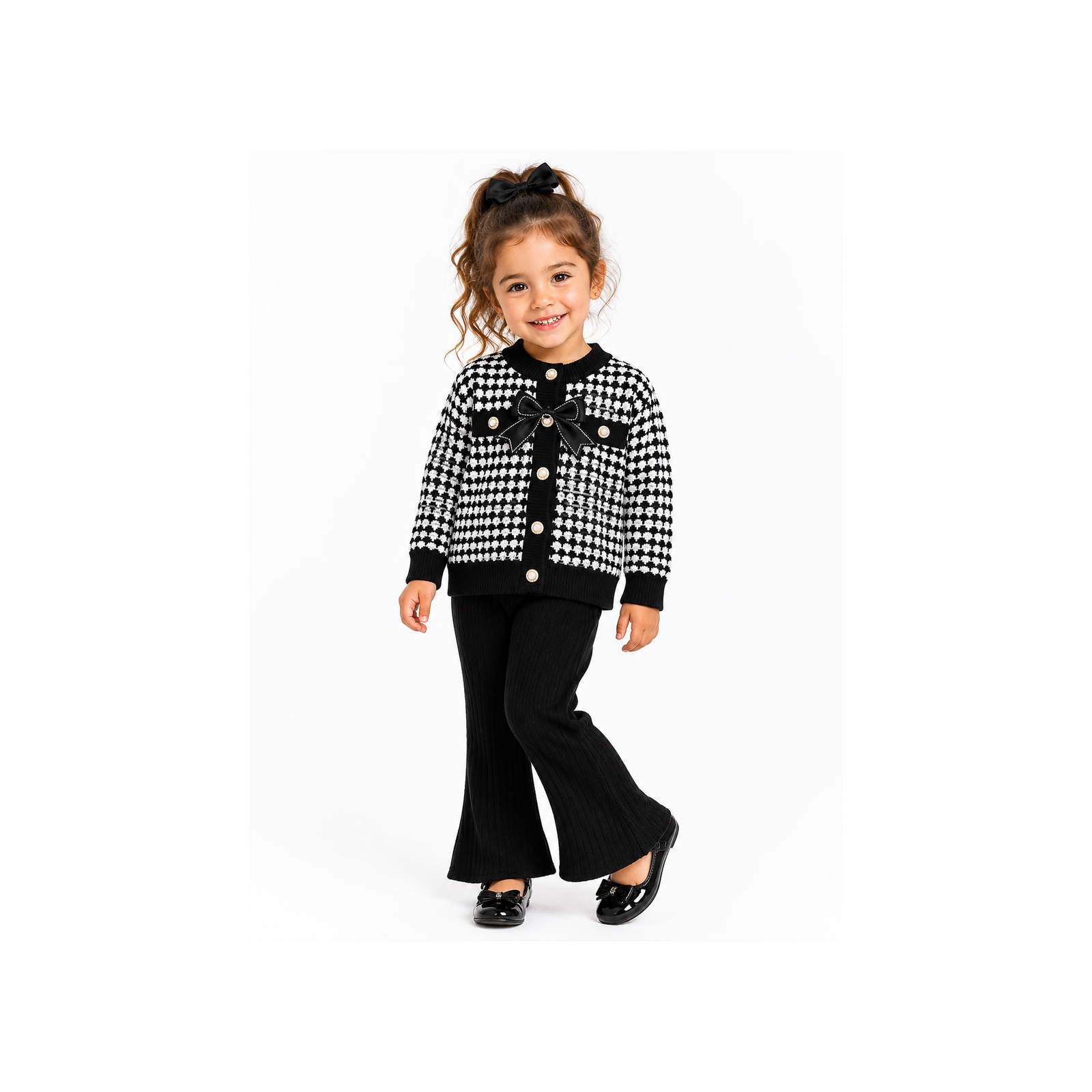 Girls’ Black & White Houndstooth Knitted Cardigan & Flared Trouser Set 2 Piece Outfit