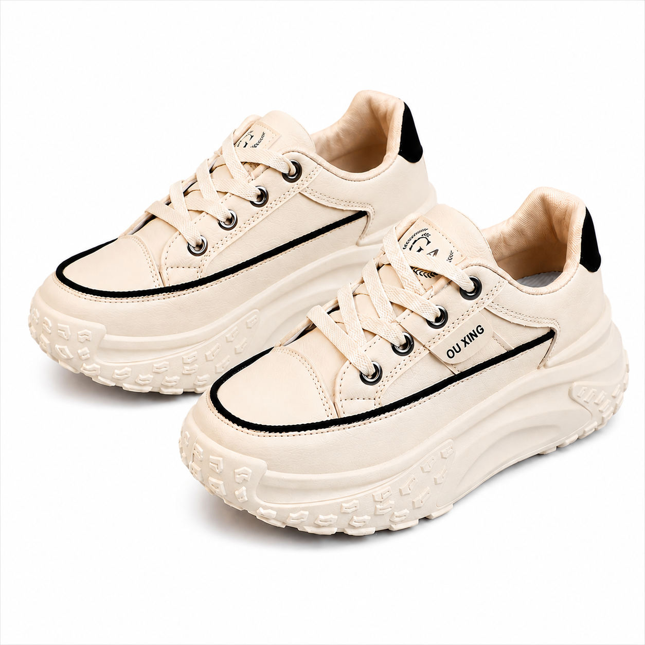 Women’s Beige Chunky Platform Trainers Lace-Up Casual Fashion Sneakers