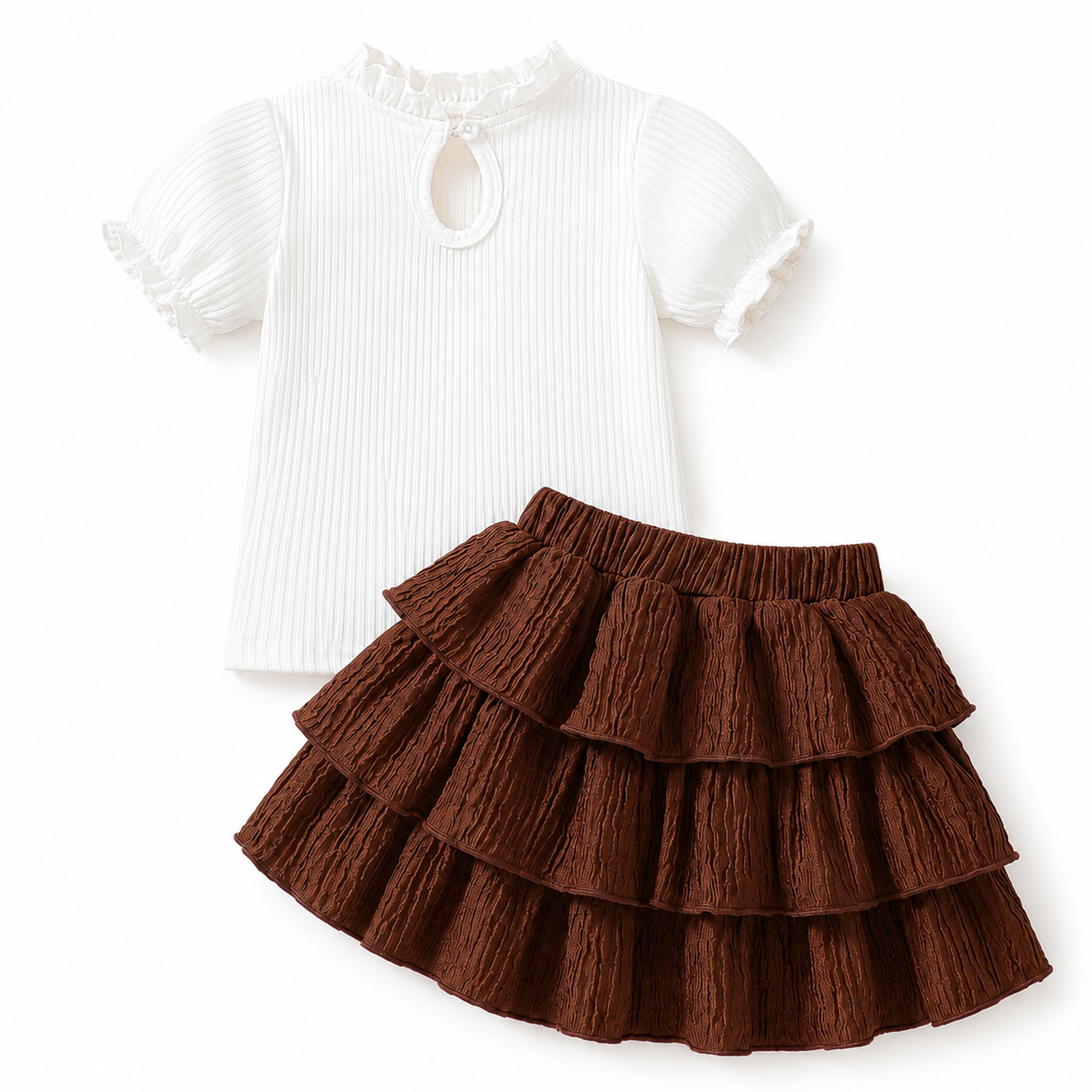 Girls’ Cream Ribbed Top & Brown Tiered Ruffle Skirt Set  2 Piece Outfit