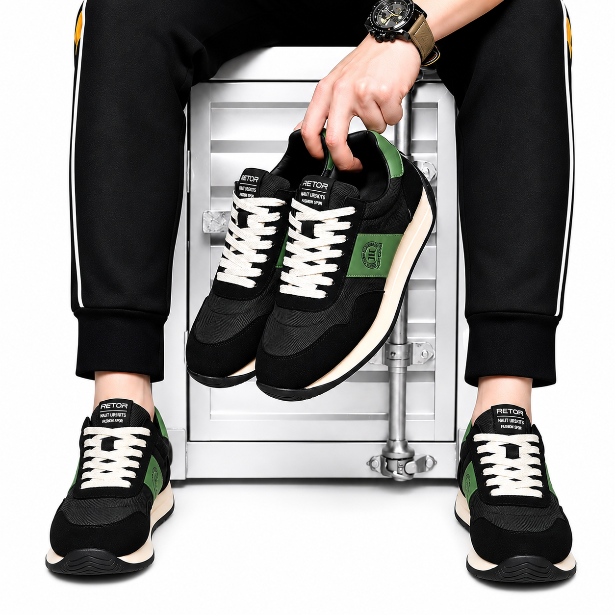 Men’s Black & Green Retro Lace-Up Trainers Casual Fashion Sneakers