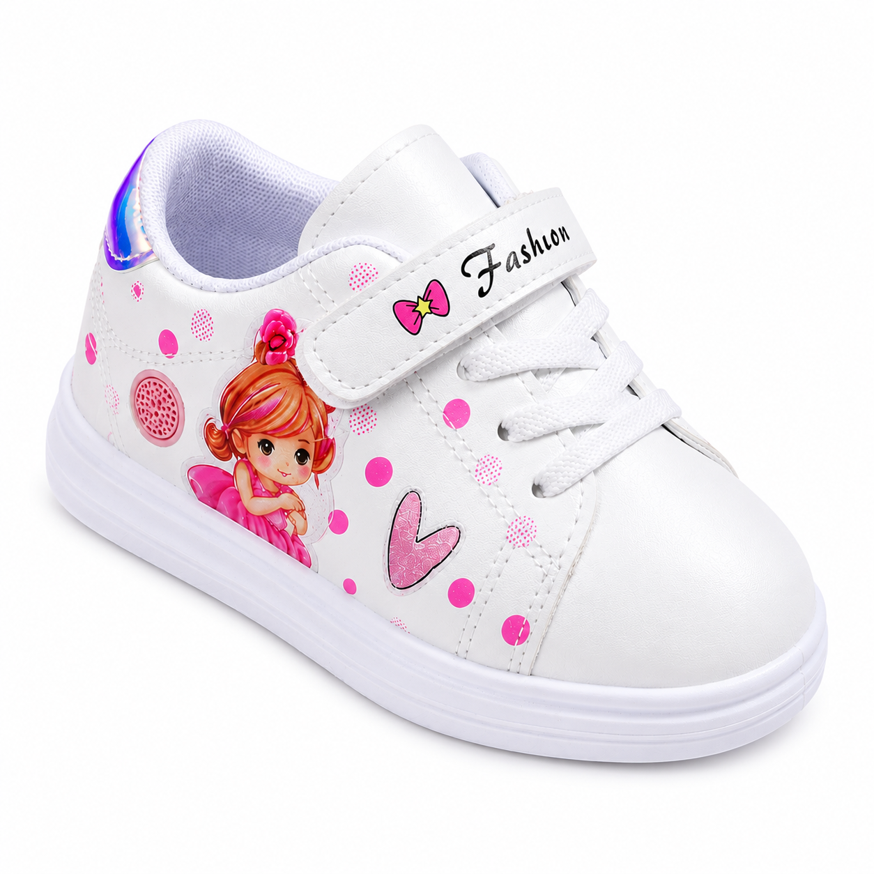 Girls White Princess Trainers with Pink Heart & Bow Design Strap & Lace Kids
