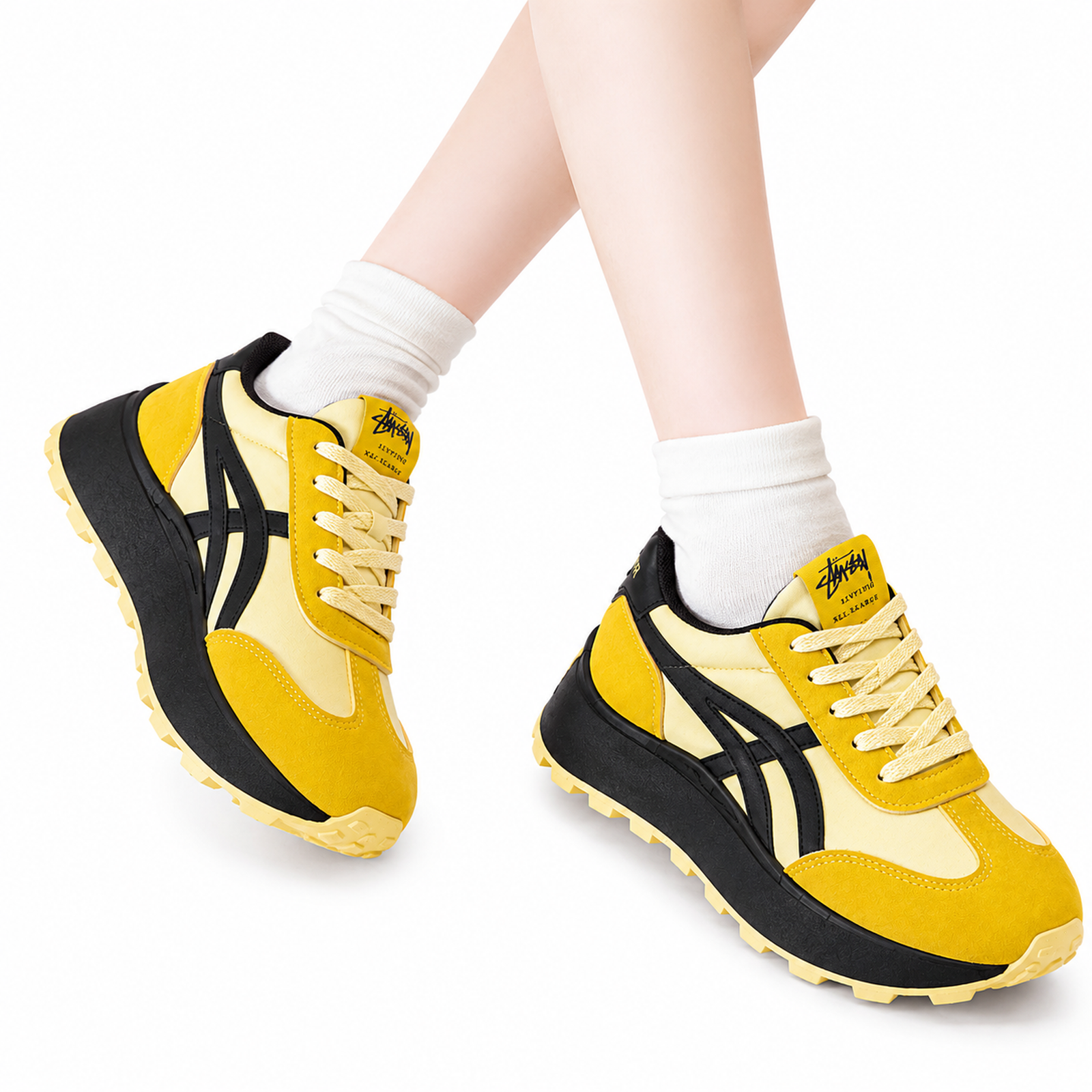 Retro Yellow & Brown Lace-Up Trainers  Chunky Gum Sole Fashion Sneakers