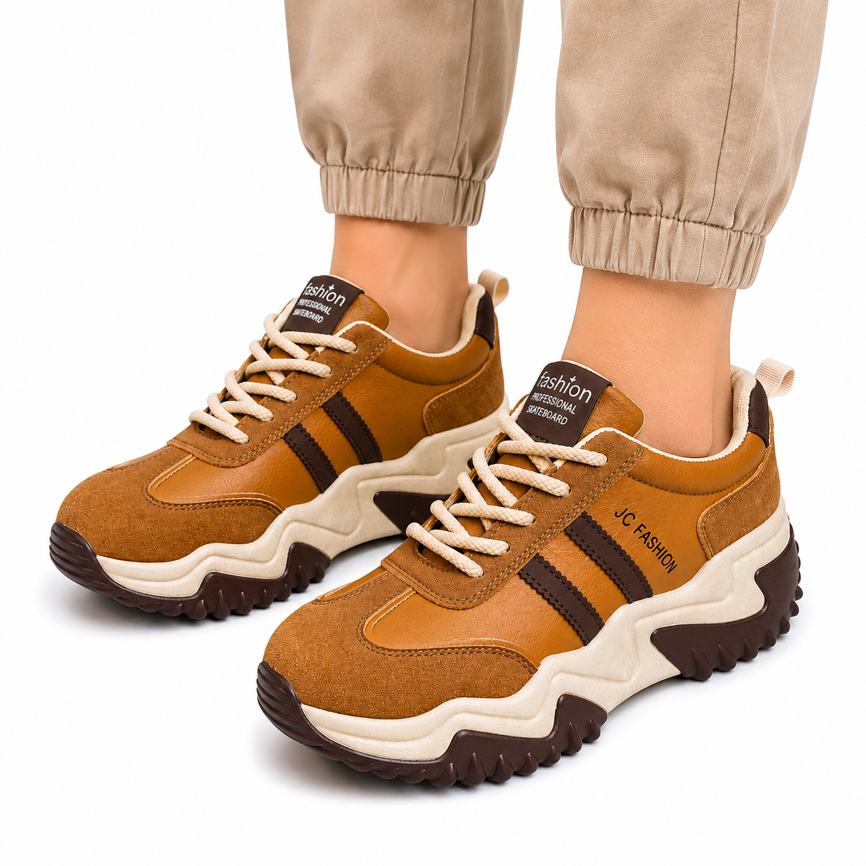 Brown & Tan Chunky Platform Trainers  Retro Casual Sneakers