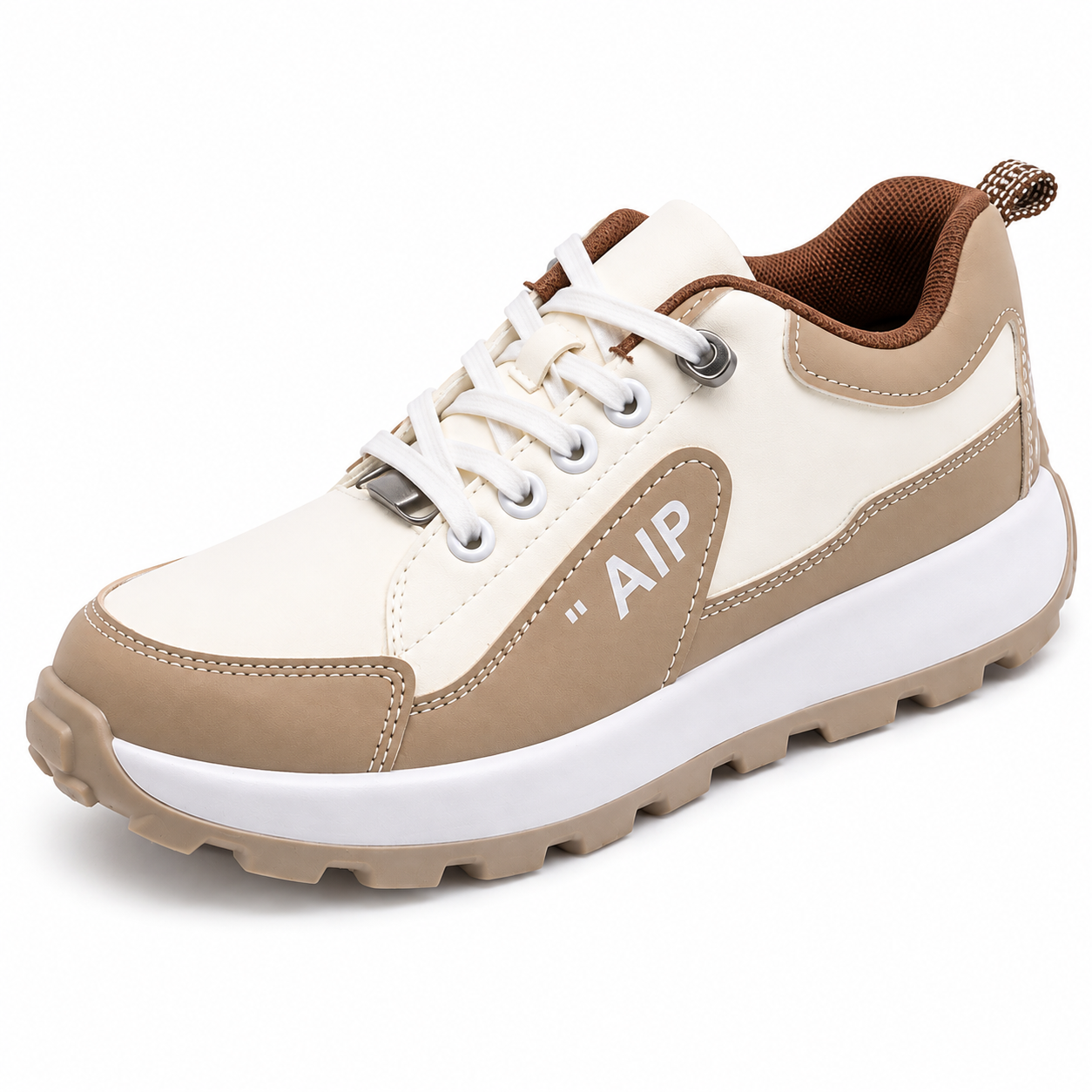 Unisex Cream & Taupe Chunky Trainers  Casual Lace-Up Platform Sneakers